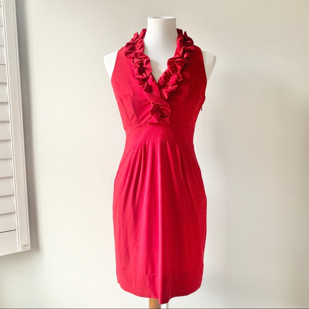 Red Halter Ruffle Collar Dress Size 4 Petite